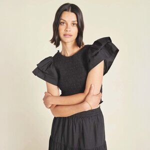 Trovata Cerise Top Black Smocked Bow Back Ruffle Sleeve Cotton Blouse Size S